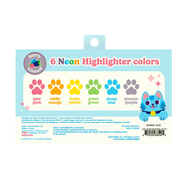 Lucky Cat Paw Scented Neon Highlighters - Set of 6